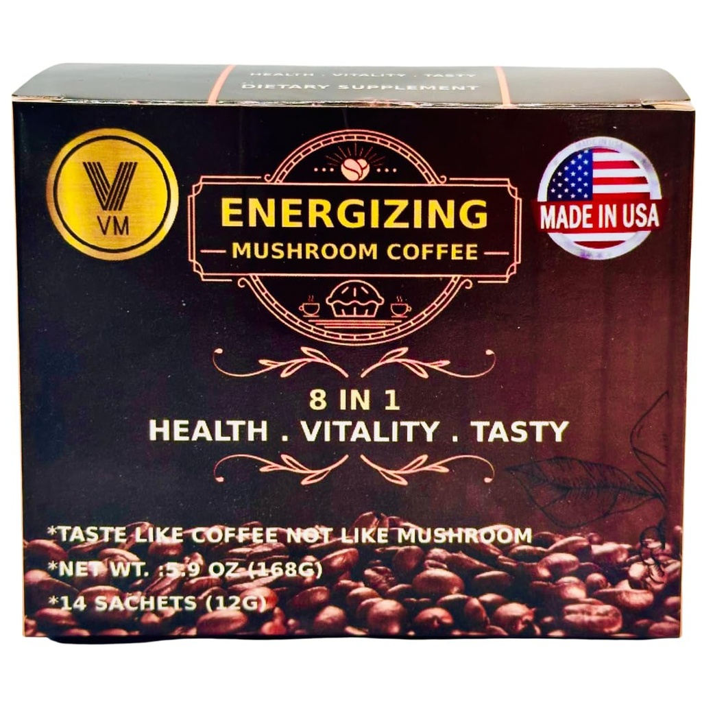 VM Energizing Mushroom Coffee-Reishi met Ginseng & Carbo Mix-Instant koffie. Natuurlijke Ganoderma Met Instant Cafe.Dietaire supplement.8-in-1 Mushroom Koffie. Mix koffie biologische klassieker. Made in USA.(14) S