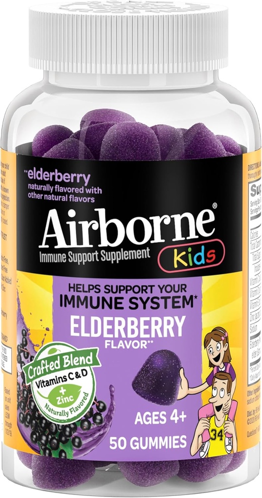 Airborne Kids Vlierbes + Zink & Vitamin C Gummies, Kids Immuun Ondersteuning met krachtige antioxidanten VIT D & E - 50 Gummies, Vlierbessen smaak