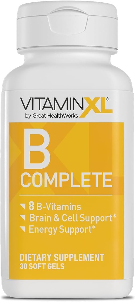 VitaminXL B Complete is een volledig spectrum B complex gemaakt met B1, B5, B6, B12, Biotin, Niacin, Riboflavine, en Folaat, ook met Choline en inositol (30 Zachte Gels, 30 Servers)