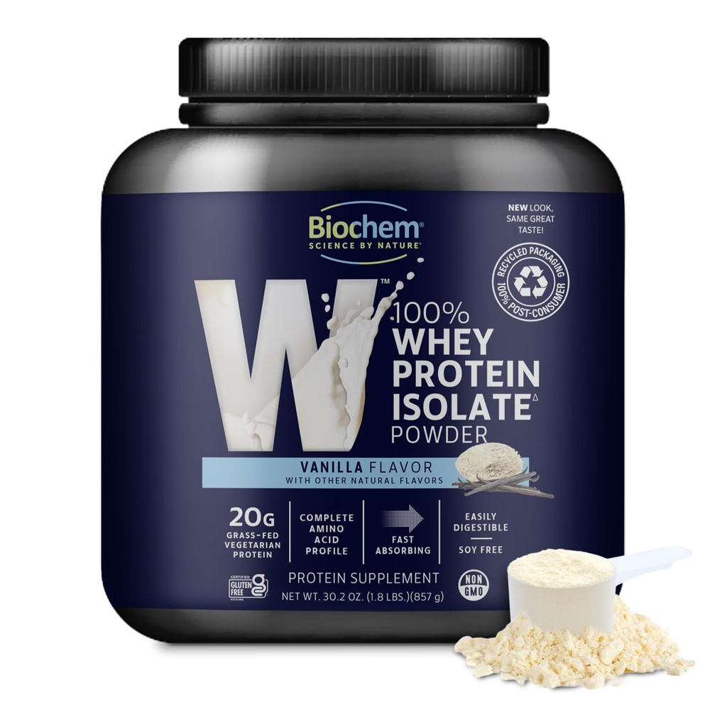 Biochem Wei Protein Isolaat Poeder - Vanille smaak, 20 Gram per Serving, Bron van gras Fed Cows, Non-GMO, Vegetarisch, Geen kunstmatige smaken of zoetstoffen - Ondersteunt spiermassa & Performance