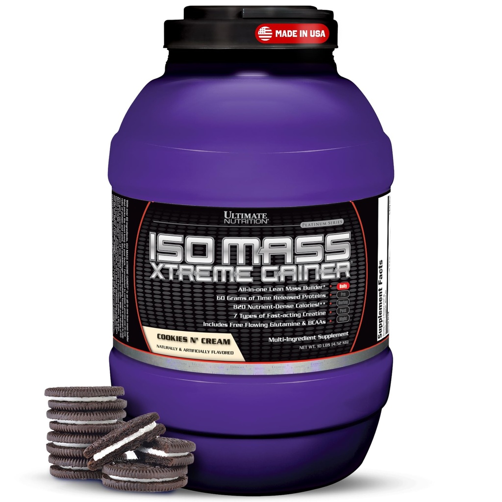 Ultimate Nutrition ISO Mass Xtreme Gainer - High-Calorie Mass Gainer met Create & Wei Isolaat Proteïne Poeder voor gewichtstoename, Lean Spiermassa, Bulk Supplement - Cookies N Cream, 10lbs