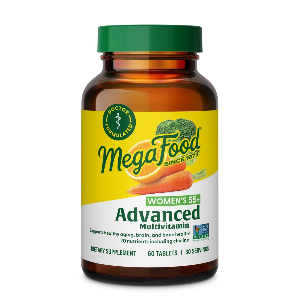 MegaFood Women's 55+ Advanced Multivitamine for Women - Doctor-Formulated with Choline, Vitamine D3, Vitamine B12, Biotine - Plus Real Food - Optimal Aging, - Vegetarisch - 60 Tabs (30 Servers)