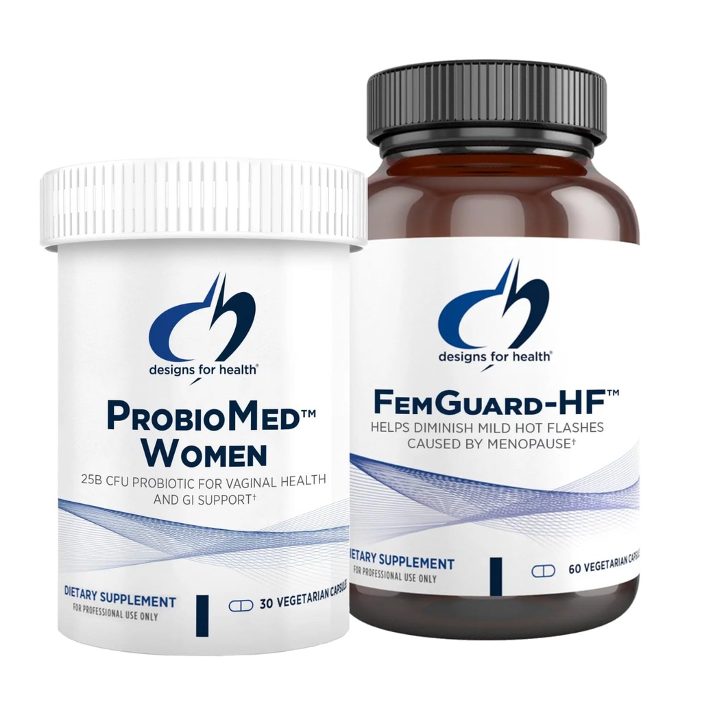 Ontwerpen voor gezondheid Hot Flash & Vaginale ondersteuning Probiotische bundel - FemGuard-HF (60 capsules) om te helpen verminderen Milde Menopauze Hot Flashes + Probiomed vrouwen (30 capsules) Gut & Vaginale Probiotica
