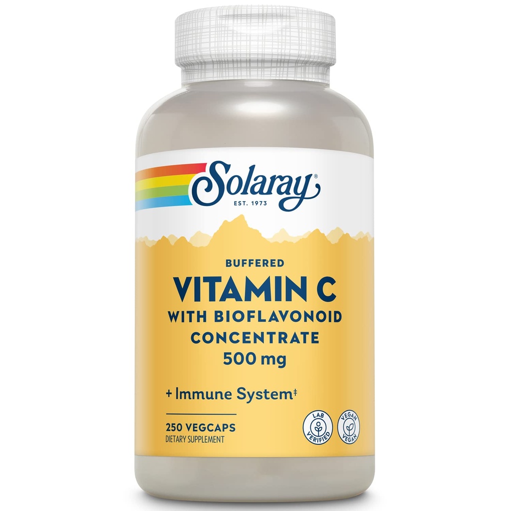 SOLARAY Gebufferde vitamine C 500mg - met Bioflavonoïden, Rose HIPS en Acerola Cherry - Immune Support Supplement - Gemakkelijk te Digest, Veganistisch, Lab Geverifieerd, 60-dagen garantie - 250 porties, 250 VegCaps