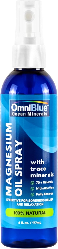 OmniBlue Magnesium & Ocean Mineral Spray- Topical, Ionic & Bio available Trace Minerals - Relief for Soreness, Cramps, Joints and Sleep - Spray Absorbs Fast, No Sting - USA Made (6oz)