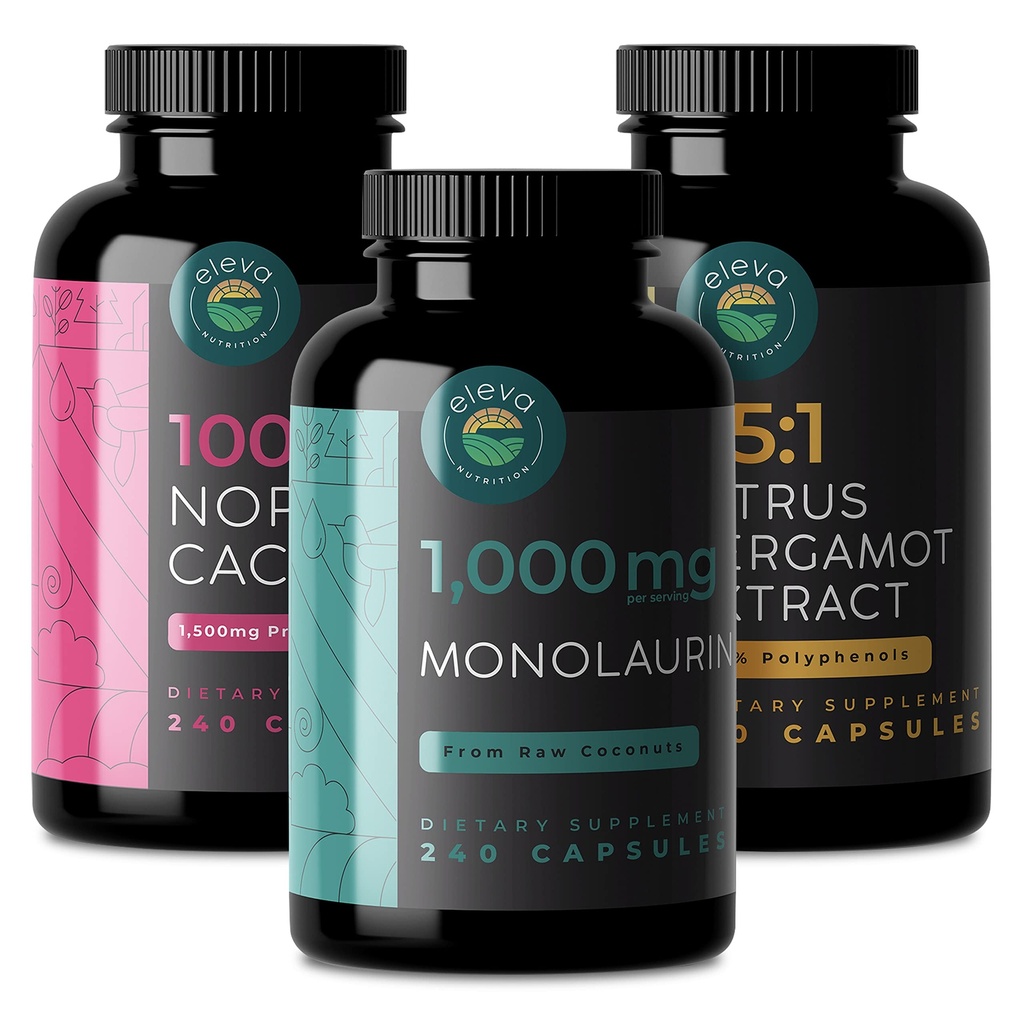 Citrus Bergamot, Nopal Cactus, & Monolaurin Bundle. 1000mg Citrus Bergamot Capsules, 1000mg Monolaurin Capsules, en 1500mg Prickly Pear Cactus Capsules