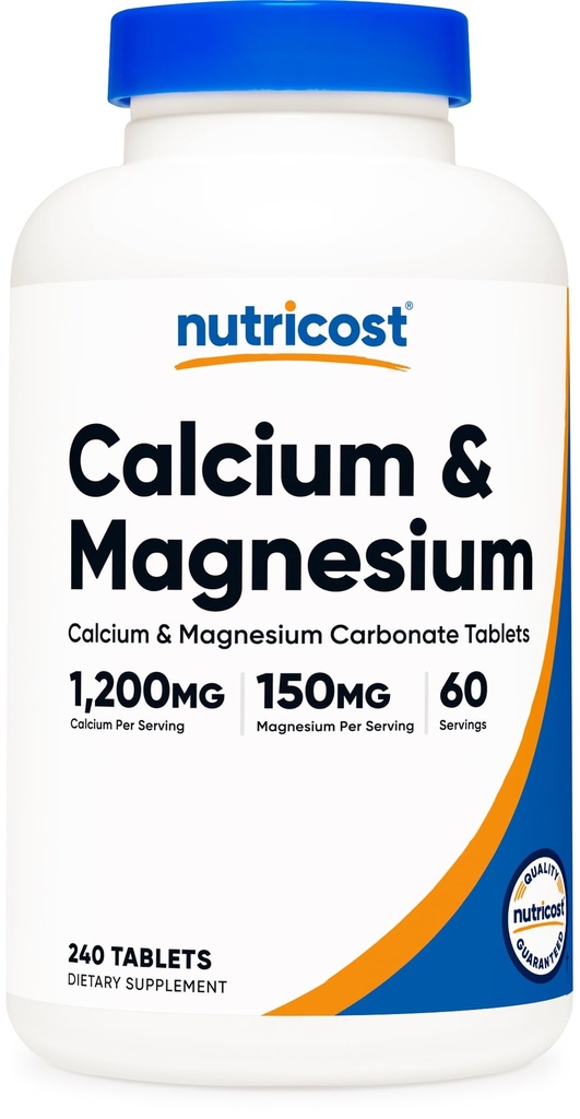 Nutricost Calcium & Magnesium Carbonaat 240 tabletten, 1200 mg Ca & 150 mg Mg per portie, 60 porties- Glutenvrij, Non-GMO