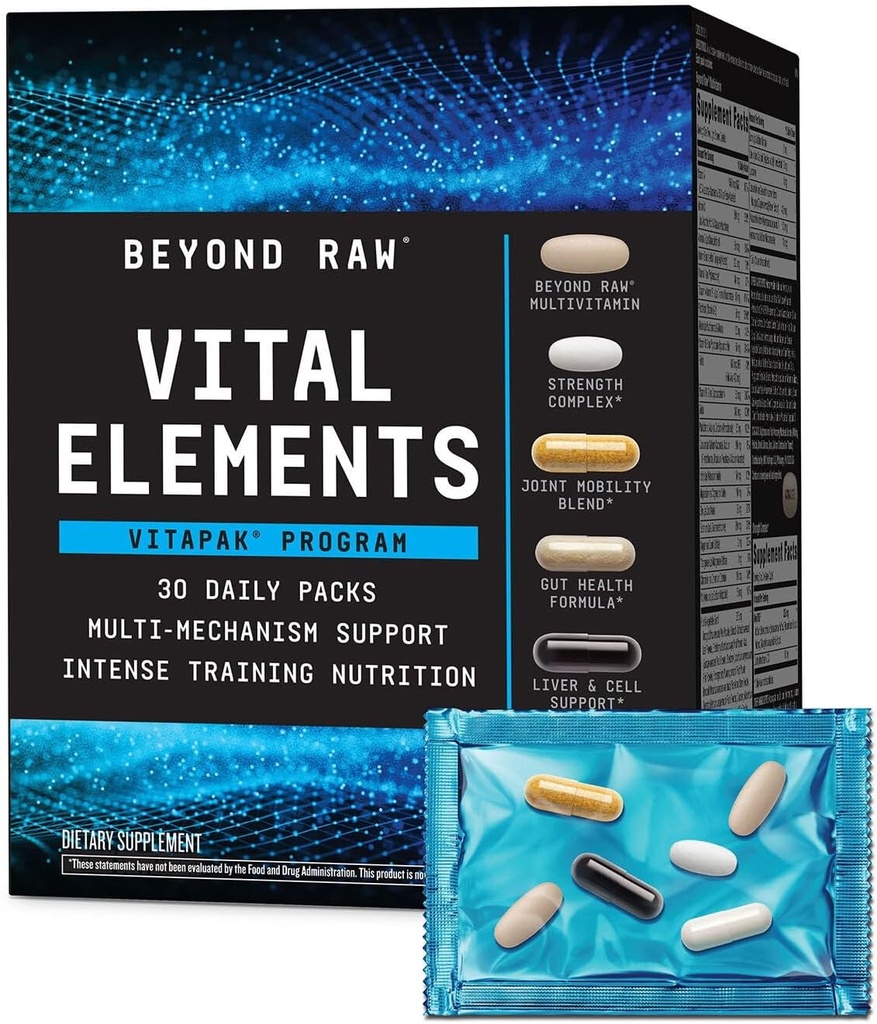 BEYOND RAW Vital Elements Vitapak Programma, Voeding Vitamine Packs voor mannen en vrouwen, Gut Health Formula, Kracht, NAC, Gezamenlijke Mobiliteit, 30 Packets