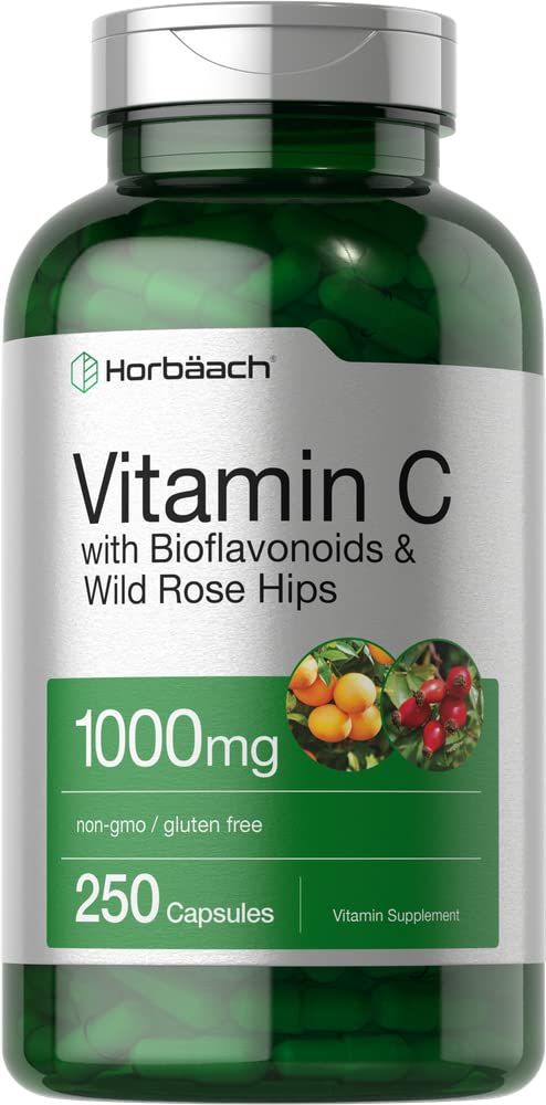 Horbäach vitamine C 1000mg 250 Capsules met Bioflavonoïden en Rose Hips, Non-GMO, Glutenvrij Supplement, Hoge sterkte Formule