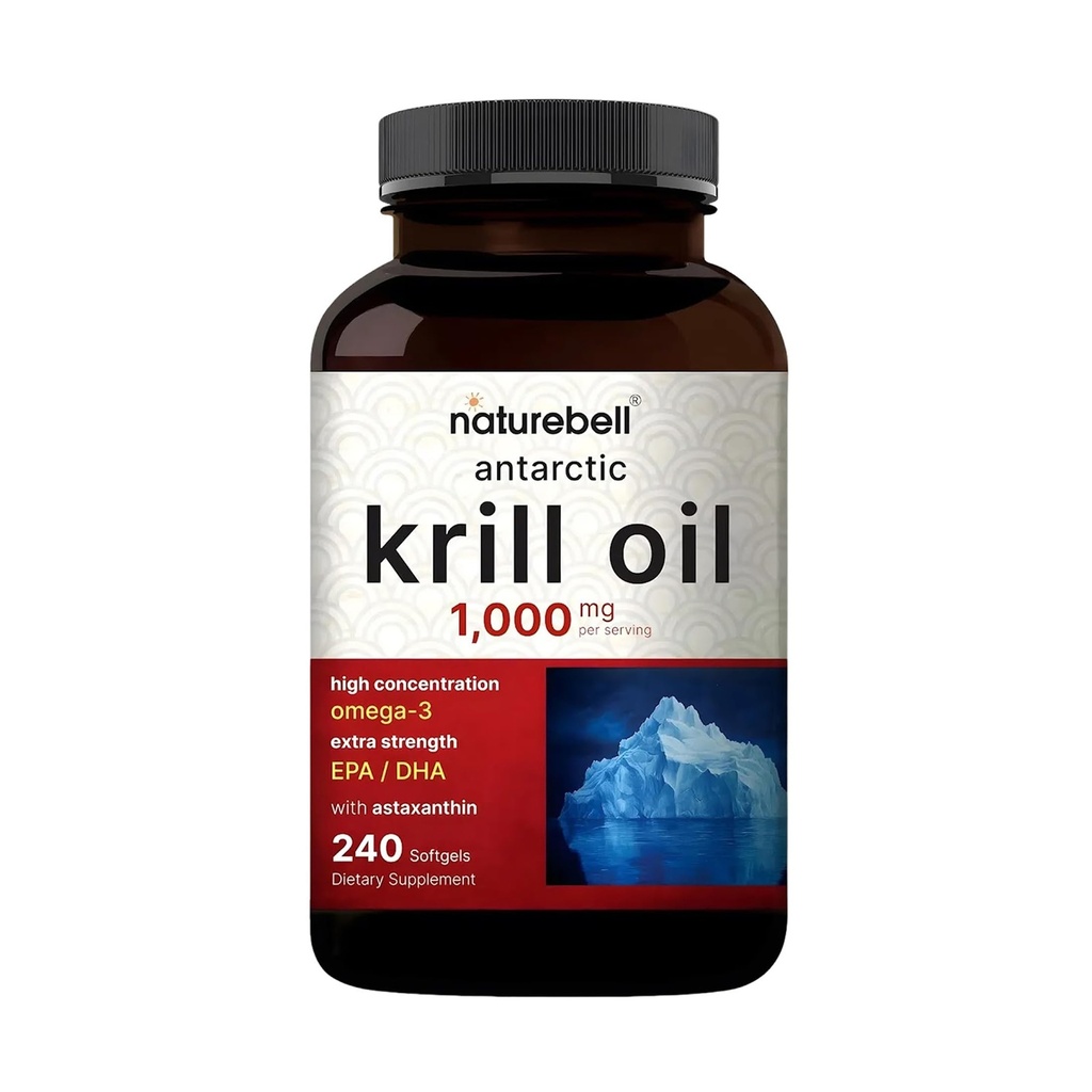 NatureBell Antarctic Krill Oil 1.000mg - 240 Softgels - Omega-3 Heart, Joint & Immune Health Support* - High EPA DHA with Astaxanthine - Non-GMO & Gluten-Free