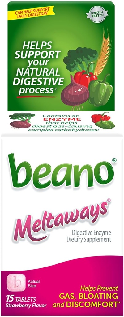 Beano Meltaways, Gas Prevention & Digestief Enzyme Supplement, Aardbei smaak, 15 Tellen