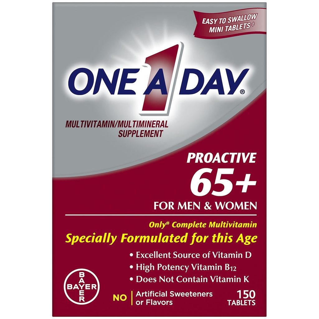 One A Day Proactive 65+, Mens & Womens Multivitamine, Supplement met vitamine A, C, D, en zink ter ondersteuning van Bone Health & Cell Health, Calcium, Folic Acid, Tablet 150 Tel.