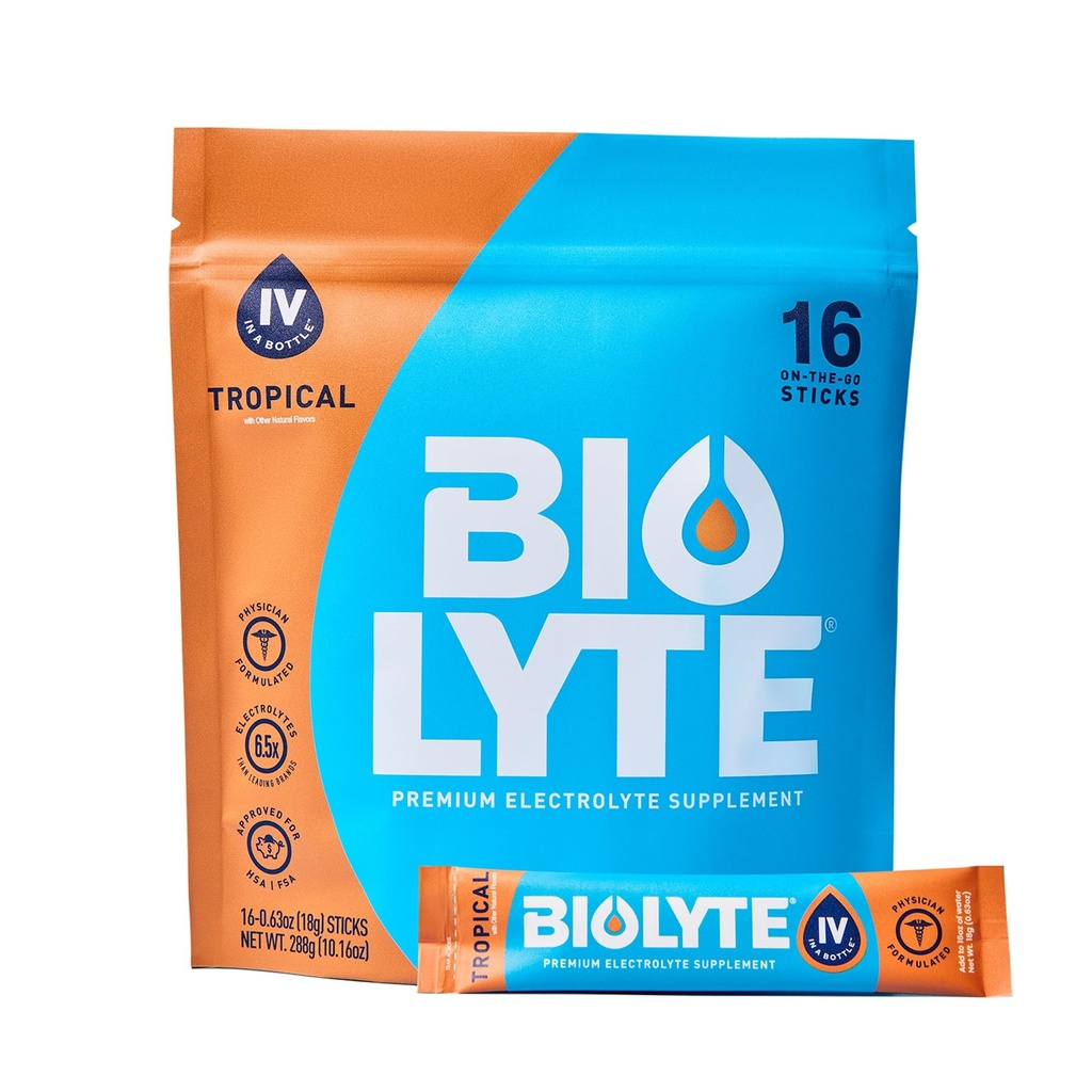 BIOLYTE IV Electrolyte Powder Packets, IV Liquid Drink Mix for Water, Doctor-Developed Hydration, Approved Dehydration Relief, Chemotherapy Must Haves for Women & Men - Tropical (16 Sticks)