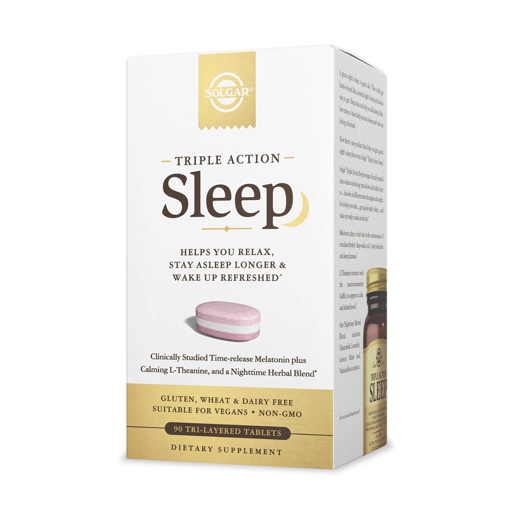 Solgar Triple Action Sleep, 90 Tri-Layer Tablets - Time-Release Melatonine & L-Theanine Plus Herbal Blend - Helpt u ontspannen - Non-GMO, Glutenvrij - 90 porties