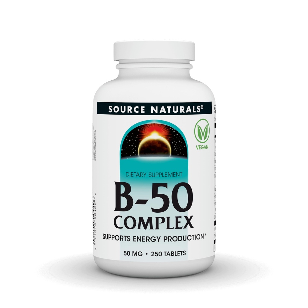Bron Naturals B-50 Complex 50 mg B-Vitaminen voor ondersteuning van energieproductie - 250 tabletten