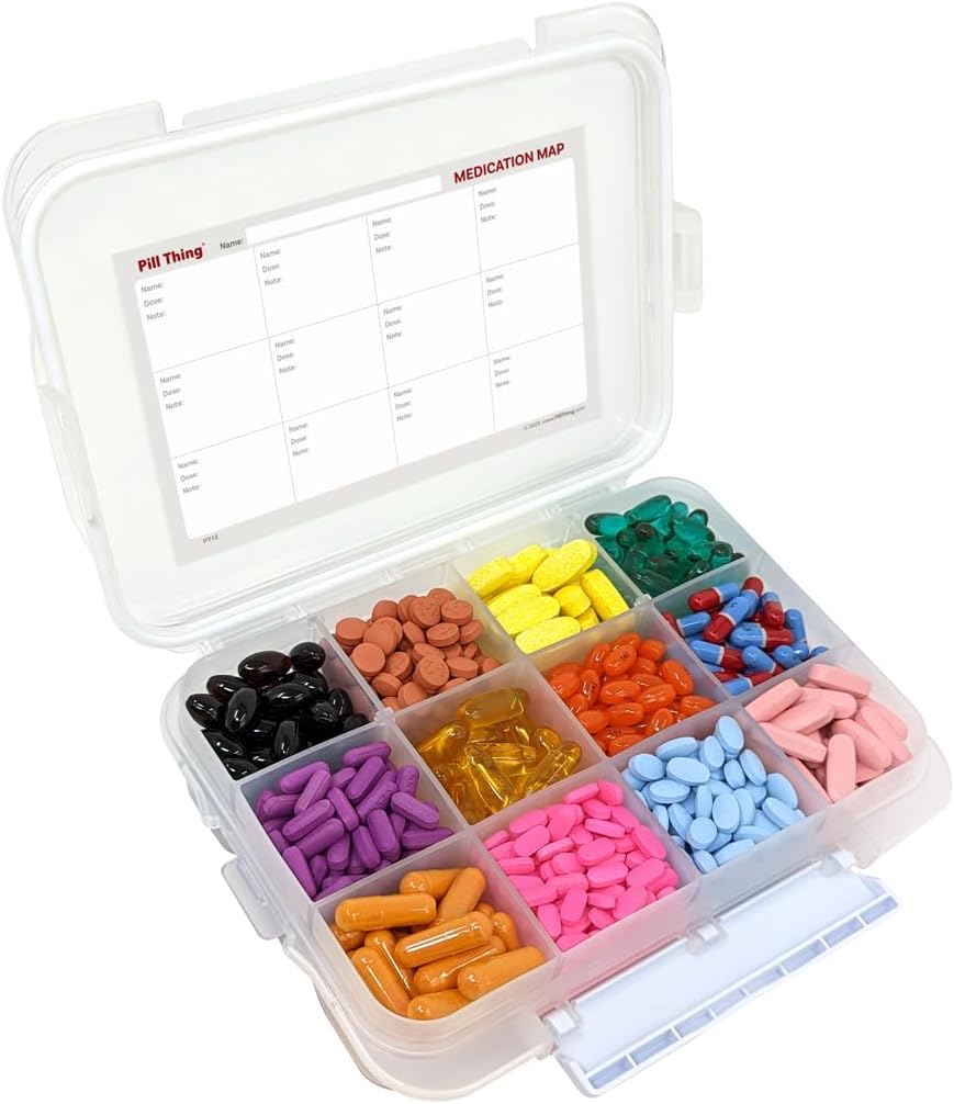 12 Compartiment Grote Pillenkast met luchtdichte Seal - Siliconen pakking Waterdichte Med Box met Medicatiekaart (12 Compartiment, 1 Pack)