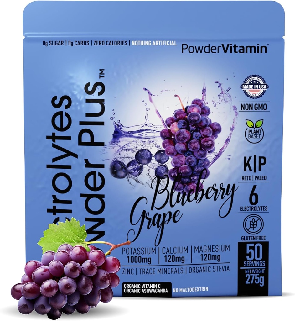 Elektrolyten Poeder Plus (50 porties), 0 Calorie Keto, 0 Suiker, Geen Maltodextrine,1000mg Kalium,120mg Calcium,120mg Magnesium, Hydratatiepoeder (50 porties, Blueberry Grape)