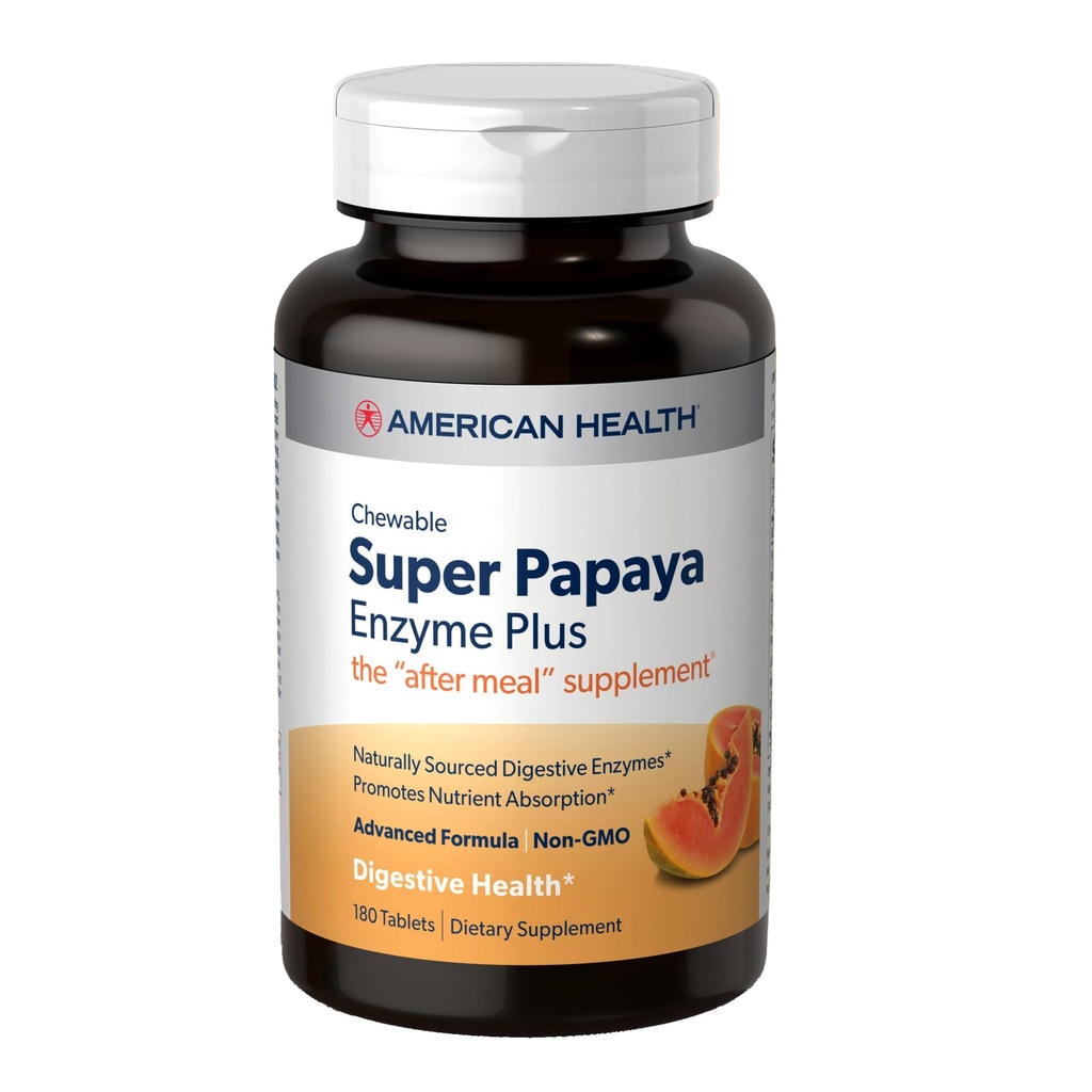 American Health Super Papaya Enzyme Plus - 180 Chewable Tablets - The After-Meal Supplement - Non-GMO - 60 Servings
