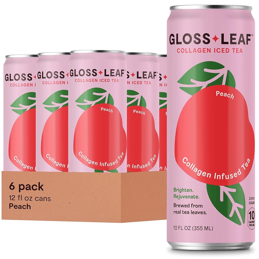 Gloss Leaf Collageen Iced Tea (Zero-Sugar, Perzik): gebrouwen zwarte thee met Collageen Peptides Proteine & Vitamin C, Beauty & Anti-Aging, 12 Fl Oz, 6 Pack