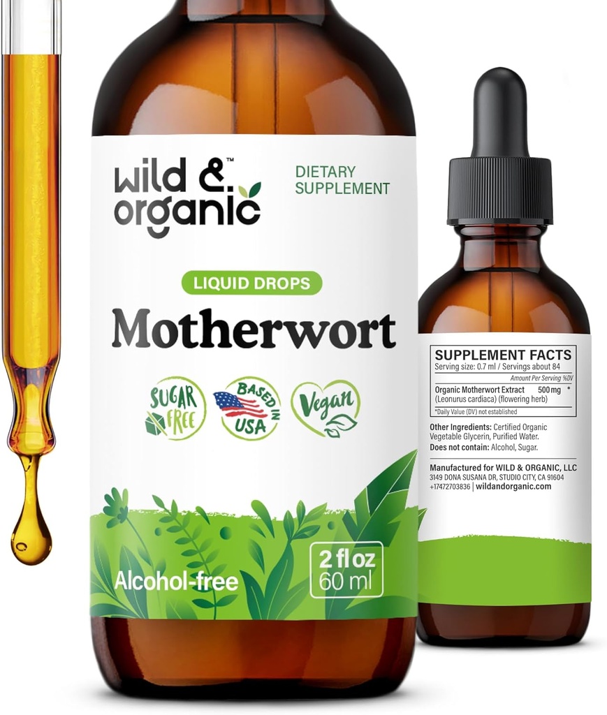 Wild & Organic Motherwort Tincture - Good Mood, Calmness, Women's Support - Motherwort Herb Extract Drops - Vegan, Sugar & Alcohol-Free Supplement - 2 floz