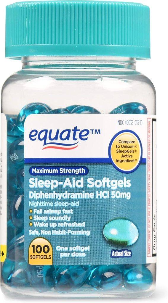 Equate Maximale sterkte Sleep-Aid Softgels, 50 mg, 100 Tellen