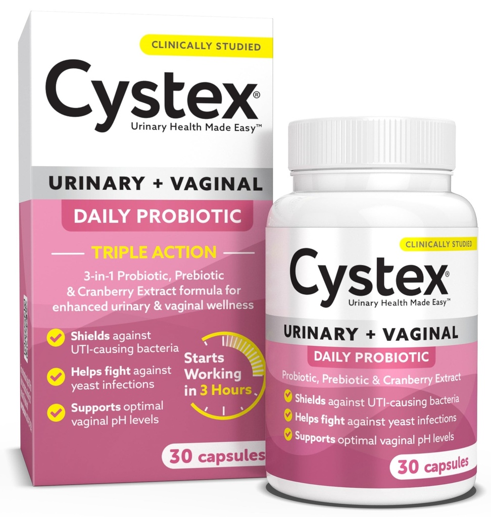 Cystex 3-in-1 Urinaire Tract Probiotica voor vrouwen - Snelwerkende UTI & Gistinfectie Ondersteuning met Prebiotica, Probiotica, & Cranberry - Ondersteunt Vaginale pH & Flora Balance - 30 Capsules