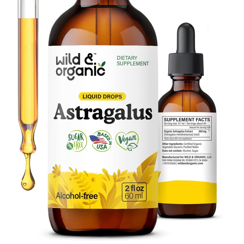 Wild & Organic Astragalus Tinctuur - Immune Support Drops w/Astragalus Root Extract - Herbal Supplement for Calmness & Relaxation - Vegan, Sugar & Alcohol Free - 2 floz