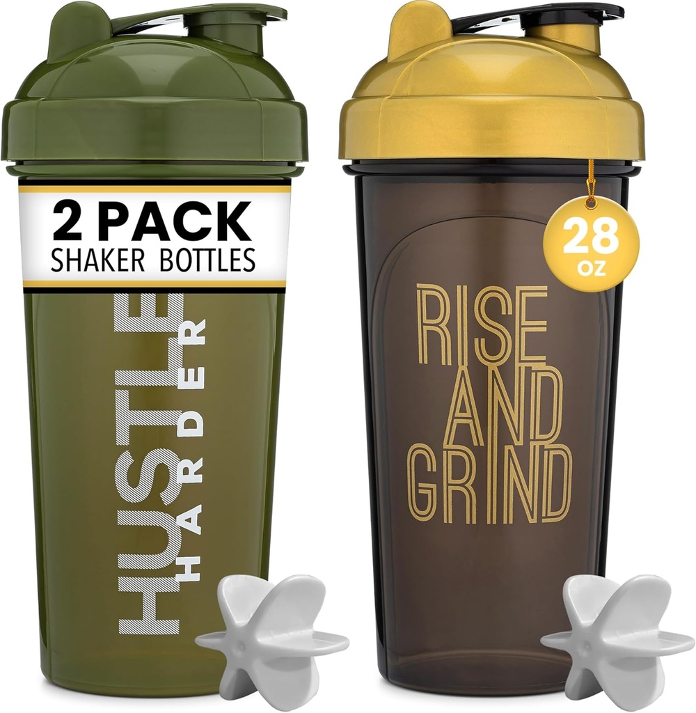 [2 Pack] 28oz Shaker Bottle with Motivational Quotes (Black/Gold & Moss) 