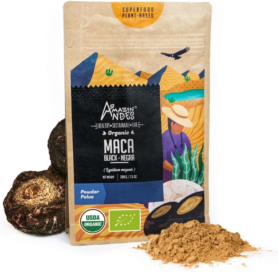 Andes Black Maca Root Powder (Lepidium meyenii) - bevat Koolhydraten en Mineralen - Adaptogeen superfood & Health Promoter - Gelatiniseerd, Veganistisch, Non-GMO & Allegen-vrij - 7 Ounce (40 Servers)