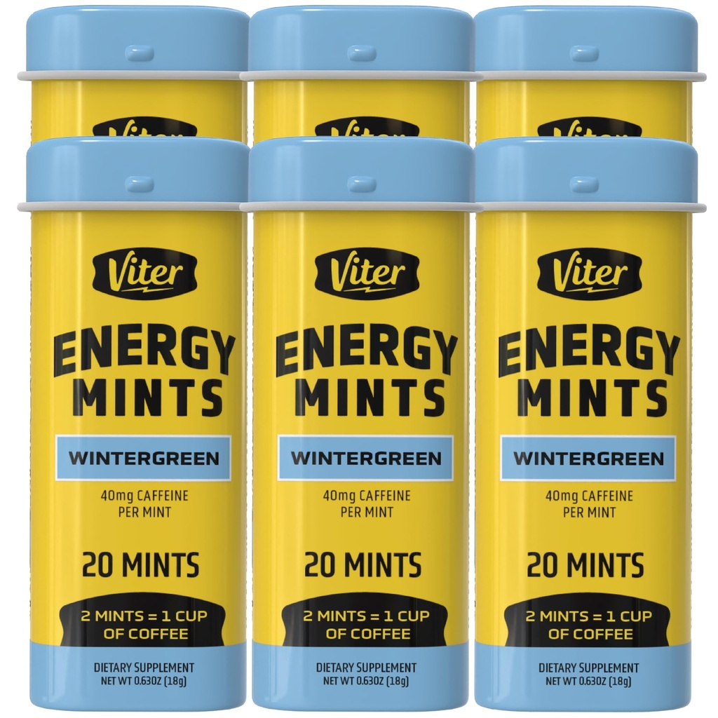 Viter Energy Cafeinated Mints 40mg Cafeïne, B Vitaminen, Suikervrij. (Wintergroen, 20st, 6 Pack)