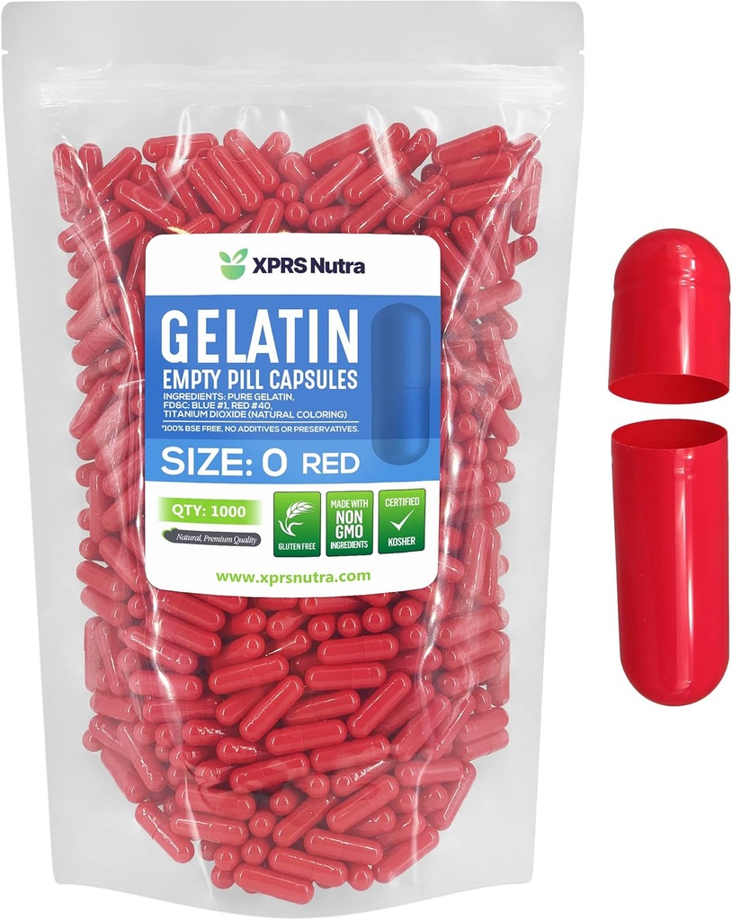 XPRS Nutra Formaat 0 Lege capsules - 1000 Telle Lege Gelatine Capsules - Pillen DIY Capsule Vulling - Pure Bovine Pill Gel Caps for Do-It-Yourself Supplements (Rode)