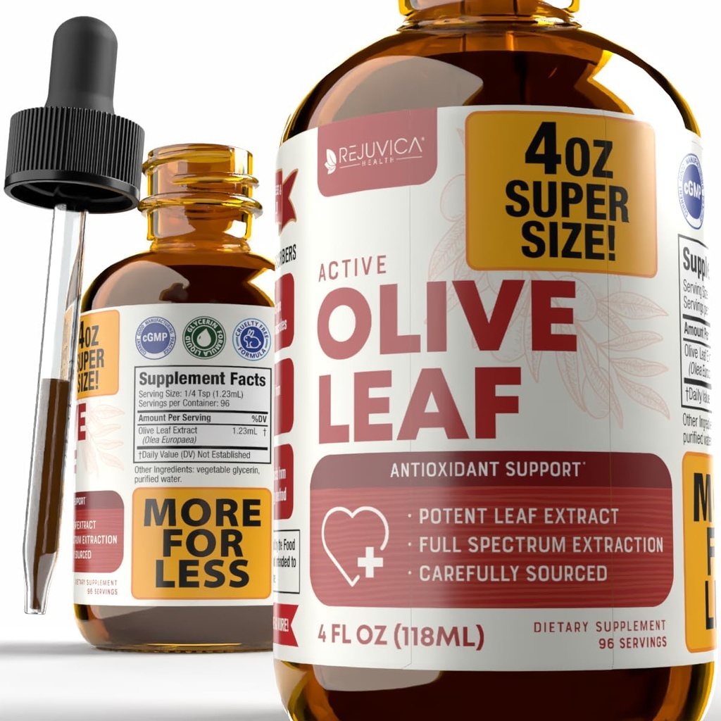 Rejuvica Health Active Olive Leaf 4oz XL Super Size Tinctuur - Advanced Olive Leaf Liquid Extract - Natuurlijk voorkomende Oleuropein - Immune & Heart Support Drops