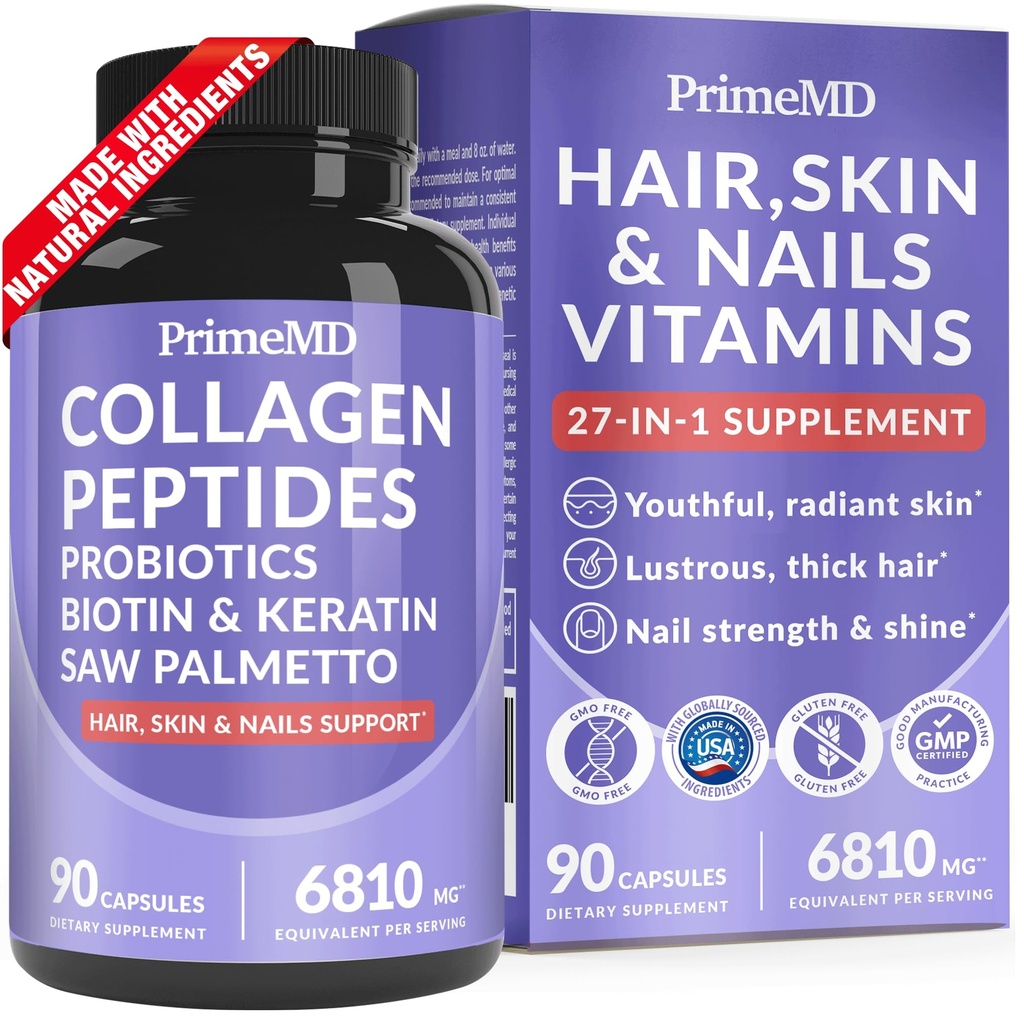 27-in-1 Haarhuid en Nagels Vitaminen (6810mg) met Biotin 10000mcg - Collageen Supplementen voor mannen en vrouwen - Keratine Supplementen met Probiotica en Saw Palmetto, 90ct