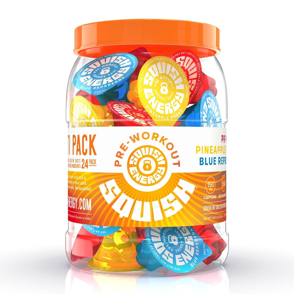 Squish Pre Workout Energy Shots, Beta-Alanine, Citrulline, Caffeine, L-Theanine, Alpha-GPC, Plant Based ingrediënten ondersteunen en verbeteren workouts, Blue Repsberry, Ananas Press, PR Punch, 24 ct. Jar.