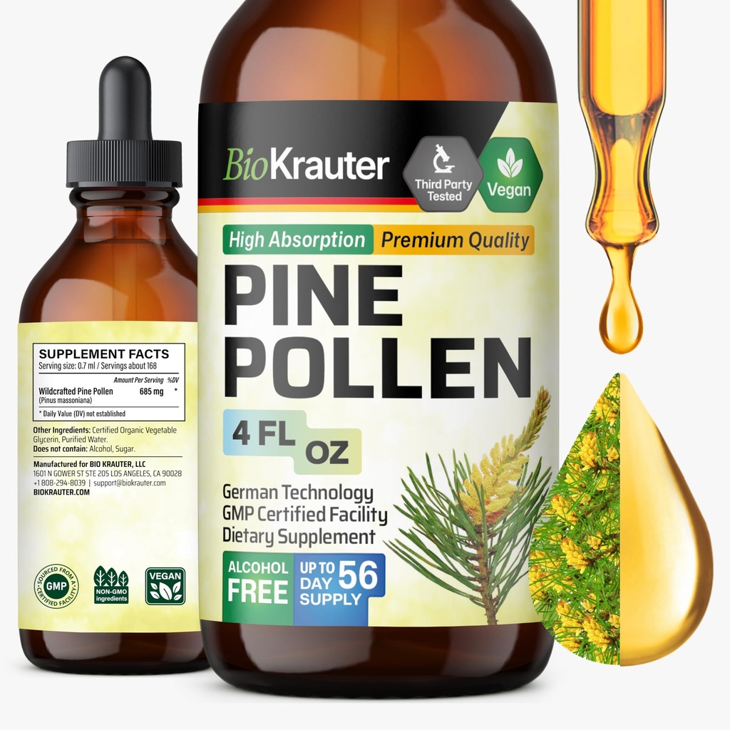 BIO Krauter Pine Pollen Tinctuur - Pine Pollen Powder Liquid Extract for Immune Support - Alcohol & Sugar Free Natural Herbal Supplement - 4 Fl.Oz.