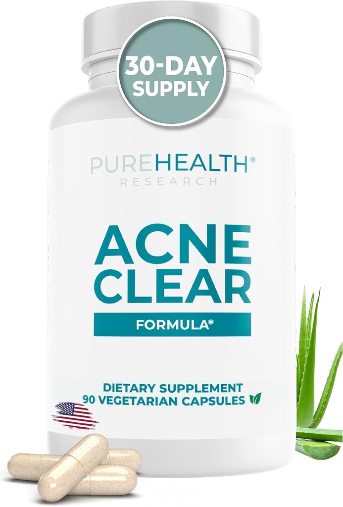 PUREHEALTH ONDERZOEK Acne Clear Formula - Acne Supplements for Clear Skin - DIM Supplement for Men & Women - with Milk Thistle, Zink, Calcium, Vitamine D & E, Selenium, Rhodiola & More - 90 Capsules