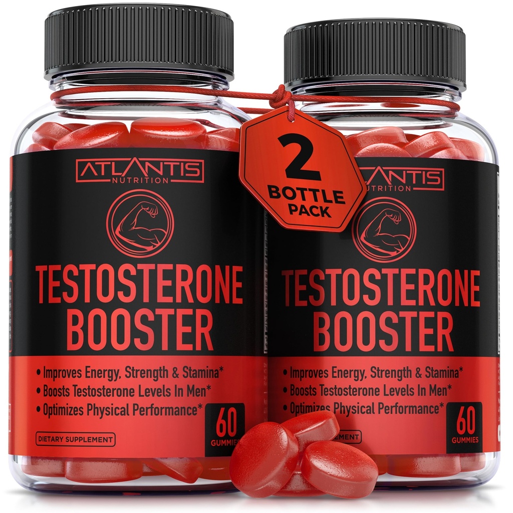 Atlantis Nutrition Testosteron Booster Gummies for Men - Verbetert sterkte en uithoudingsvermogen - Optimaliseert prestaties en mannelijke versterking - Made with Tribulus, Horny Goat Weed, Maca Root 2Pack (120 Gummies)