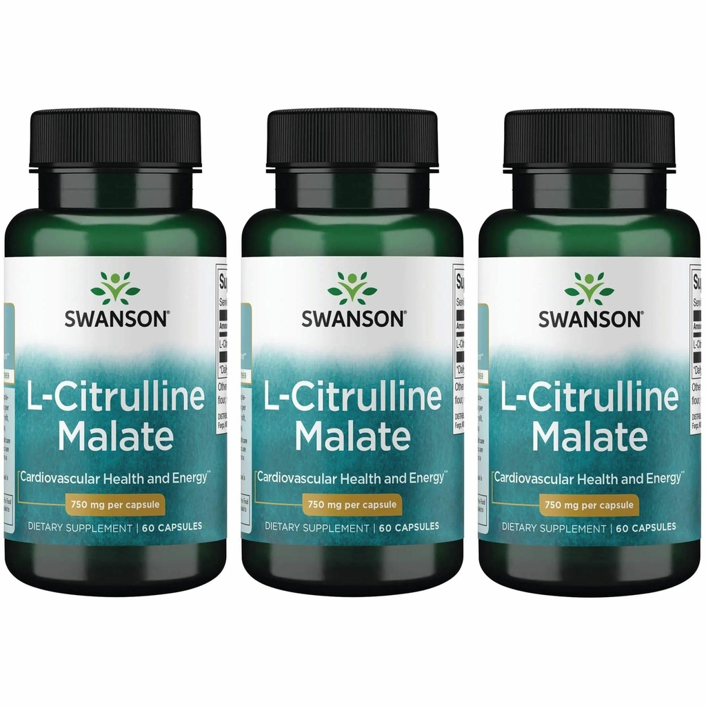 Swanson L-Citrulline Malate - Amino Acid Supplement Promoting Energy Production & Healthy Blood Circulation - Natural Formula Supporting Overall Wellness - (60 Capsules, 750mg Each) (3 Pack)