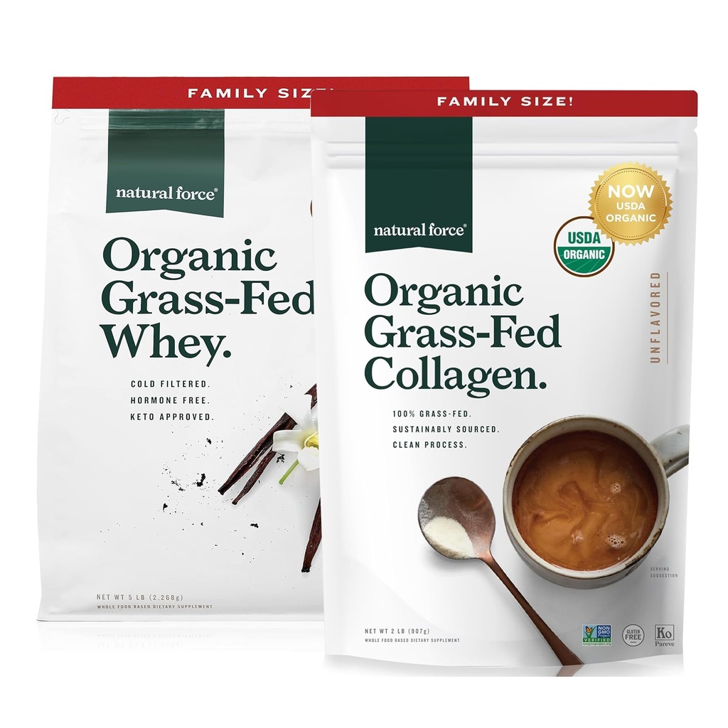 Natuurlijke kracht Gras Fed Biologische Wei Proteïne Poeder Vanille Smaak 5 lb Biologische Clean Collageen Peptiden Poeder Unflavored, 32oz