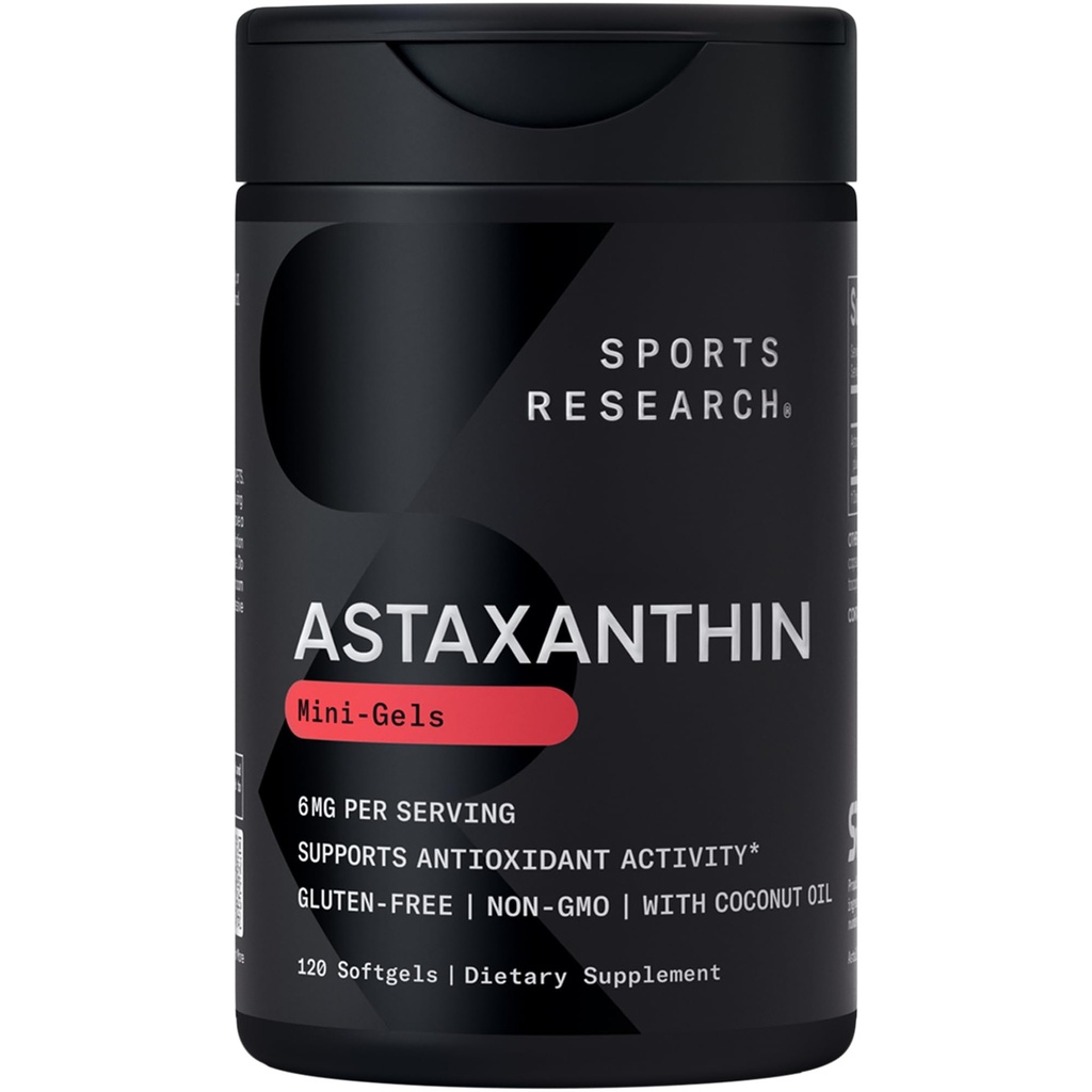 Sportonderzoek Triple Strength Astaxanthine Supplement (6mg) met biologische kokosolie voor antioxidante activiteit, huid- en ooggezondheidsondersteuning - niet-GMO geverifieerd en glutenvrij - 120 Softgels