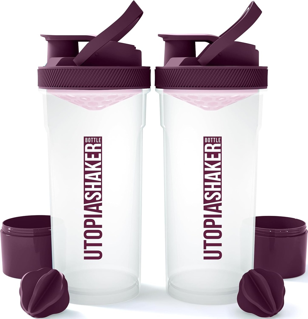 Utopia Home Shaker Bottle 2 Pack - 24 Ounce Plastic Protein of Cocktail Shaker Bottle for Pre & Post workout with Twist & Lock Protein Box Storage (Clear/Plum)
