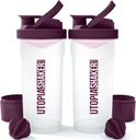 Utopia Home Shaker Bottle 2 Pack - 24 Ounce Plastic Protein of Cocktail Shaker Bottle for Pre & Post workout with Twist & Lock Protein Box Storage (Clear/Plum)