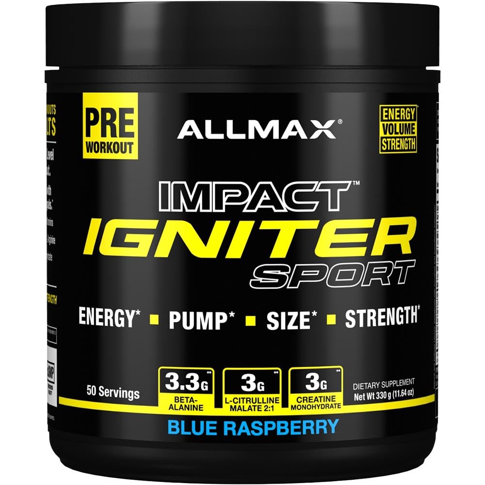 ALLMAX IGNITER Sport, Blue Raspberry - 330 g - Pre-Workout Formula - with Caffeine, L-Citrulline, L-Arginine, Creatine & Beta Alanine - Up to 50 Servings