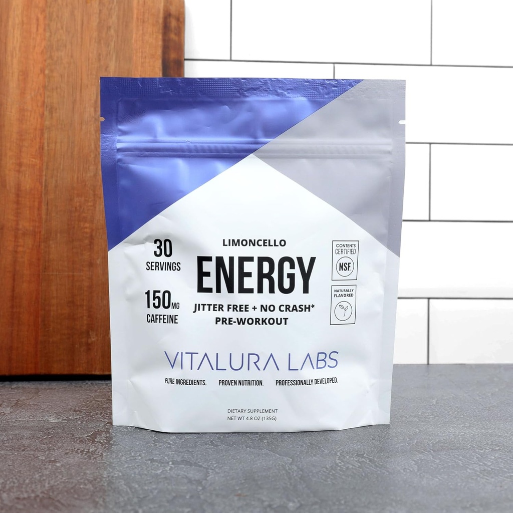 Vitalura Labs Pre-Workout Powder - Caffeine, Theacrine, Rhodiola & L-Theanine for Energy & Endurance - NSF Content Certified - Limoncello Flavored - 30 Servings