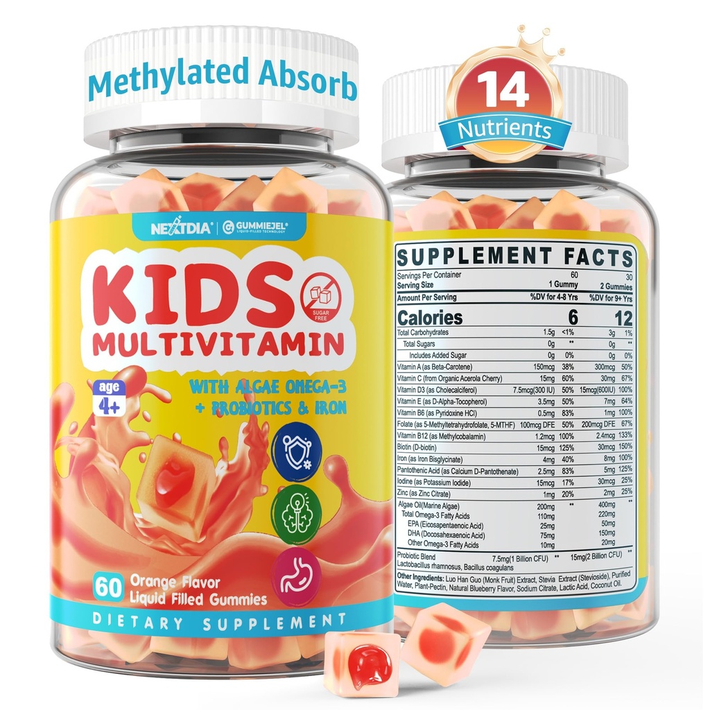 Kinderen Multivitamine Gummies met ijzer, suikervrij, kinderen Dagelijkse Vitaminen + Probiotica, Algen Omega 3 (EPA/DHA), A, C, D, Methyl B12, Folaat, B6, Zink, Biotine, voor gezonde groei, Immuun Ondersteuning, 60 Tellen