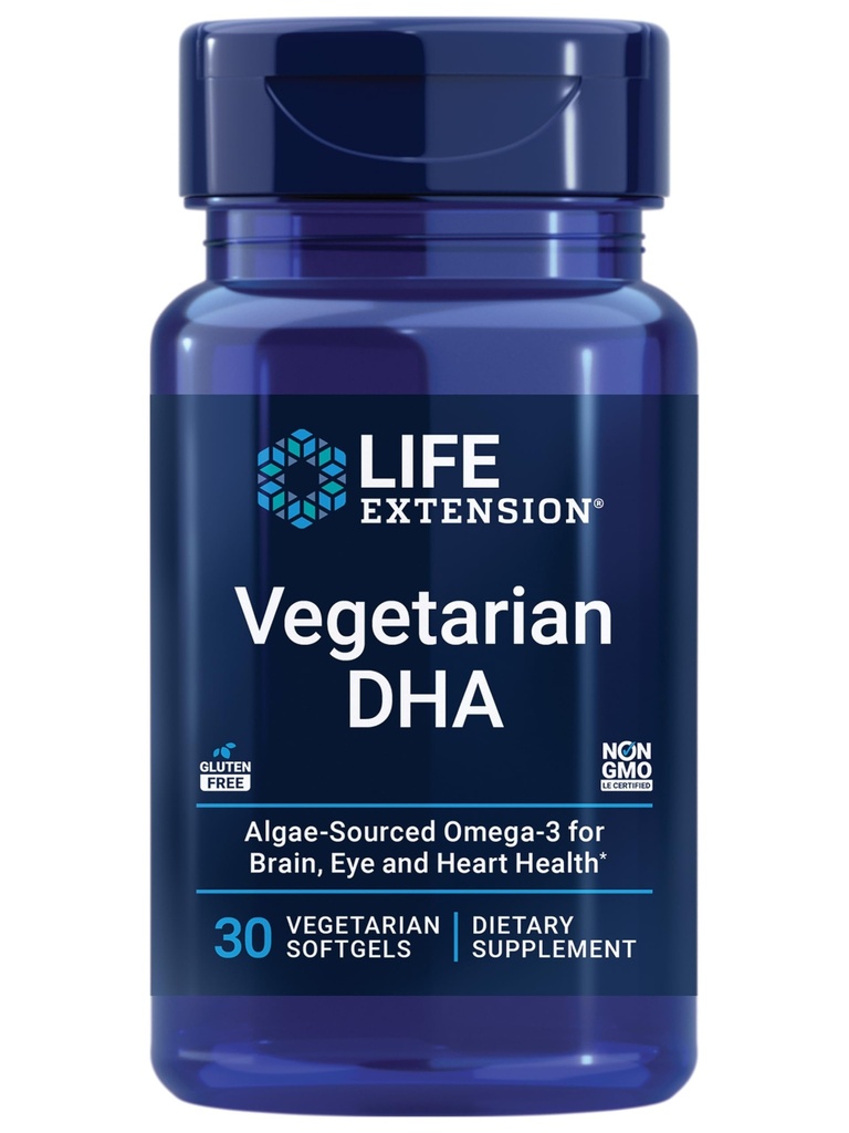 Life Extension Vegetarian DHA, Omega-3 van Algen voor cognitie, Mood & Eye Health, Glutenvrij, Non-GMO, Veganistisch, 30 softgels