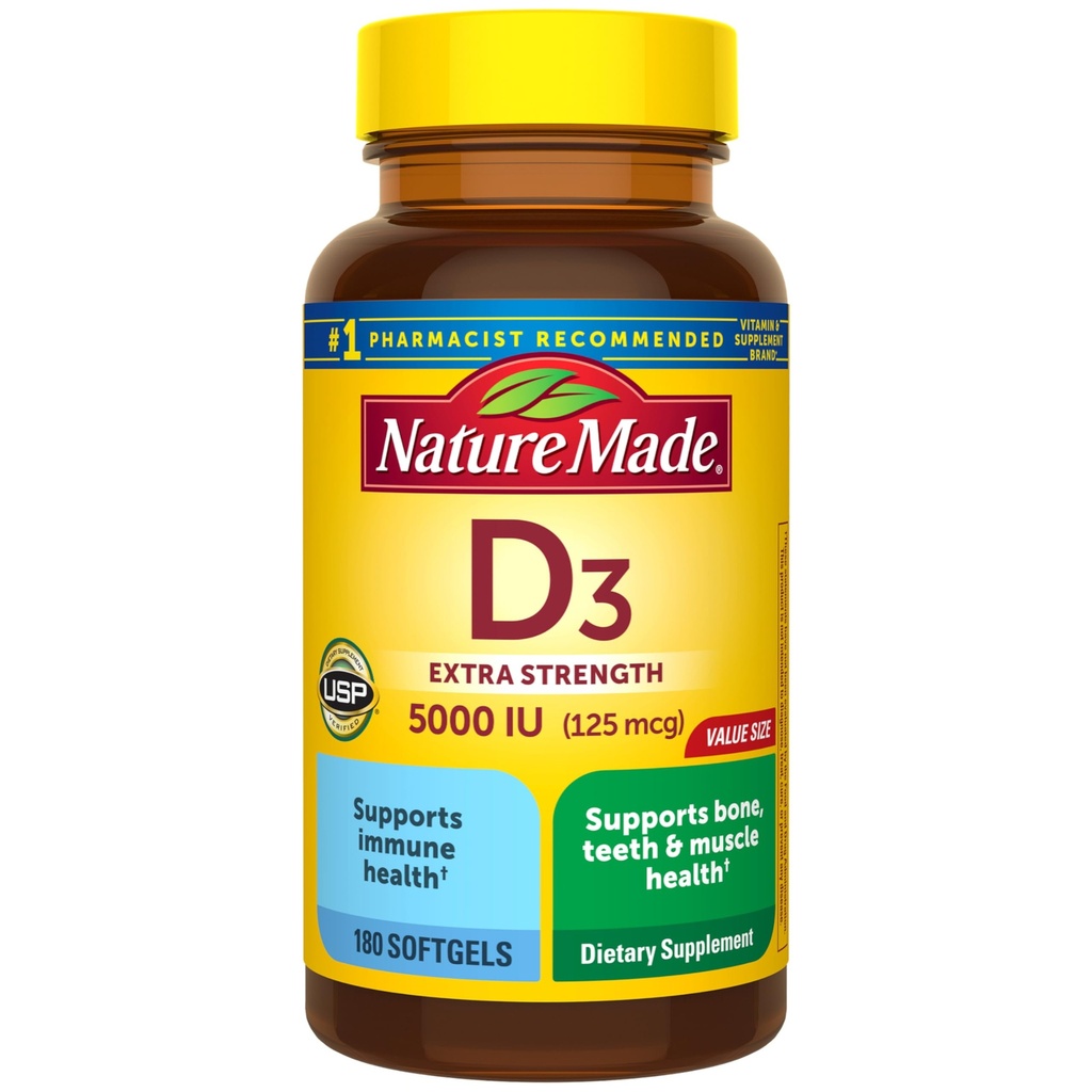 Nature Made Vitamin D3 5000 IE (125 mcg) Softgels, Extra Strength Vitamin D Supplement voor Bone and Immune Health Support, 180 Telling, 180 Day Supply