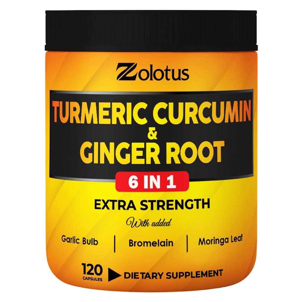 6 in 1 Kurkuma + Gember Capsules, 95% Curcuminoïden met Gember, Knoflook Bulb, Bromelain, Moringa, Black Pepper - 120 Capsules