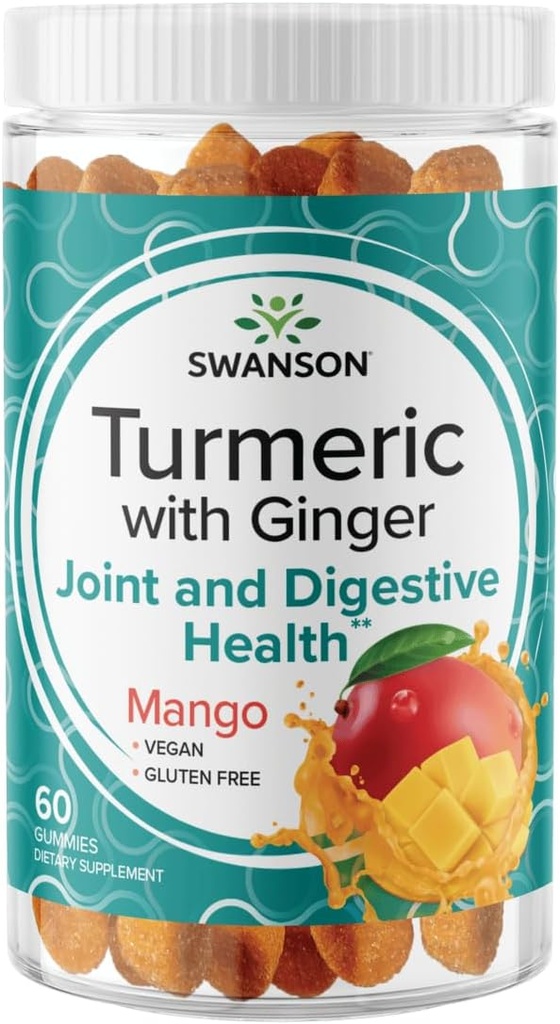 Swanson Turmeric with Ginger Gummies - All Natural Supplement Promoting Digestive & Immune System Health - Helpt bij het ondersteunen van gezamenlijke functie en beweging vermogen - (Mango, 60 Gummies)