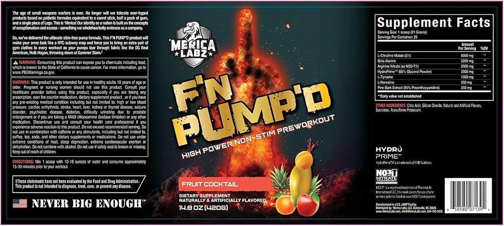'Merica Labz F'N Pump'D Stimulant Free, Nitric Oxide,Fully Dosed, Pump PreWorkout Powder (20 Servers) (Fruit Cocktail)